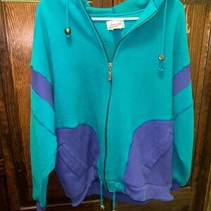 Vintage 90s Colorblock Fleece zip hoodie.Teal/purple oversized retro streetware